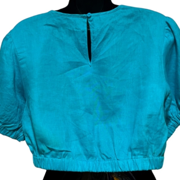 BROADWAY Linen Cropped Top Puffy Short Sleeve Turquoise Solid Color EU 38 Medium - Picture 3 of 6